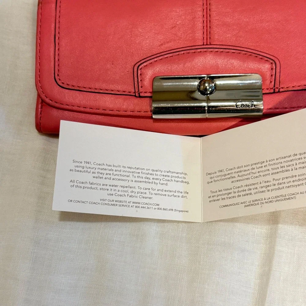 Coach Coral Pink Leather Slim Envelope Turnlock Wallet Silver Hardware